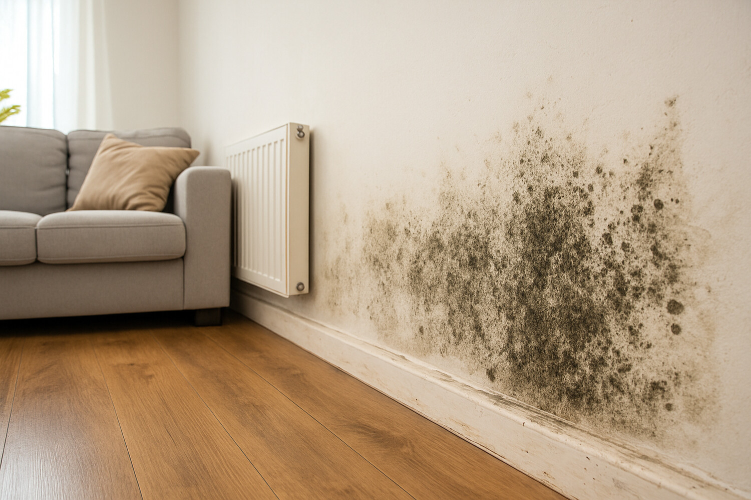 Woonkamer met schimmel op de muur