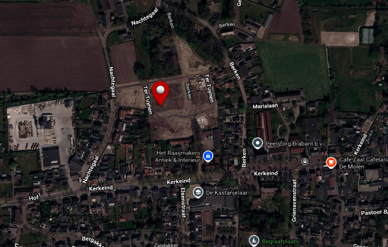 Google earth foto van de omgeving van Ter Tuynen met een pin op de plek van de bouwlocatie