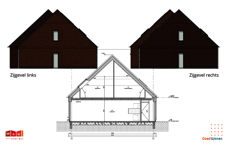 Tekening in kleur van de zijgevels en een zwart wit tekening van plattegrond doorsnede