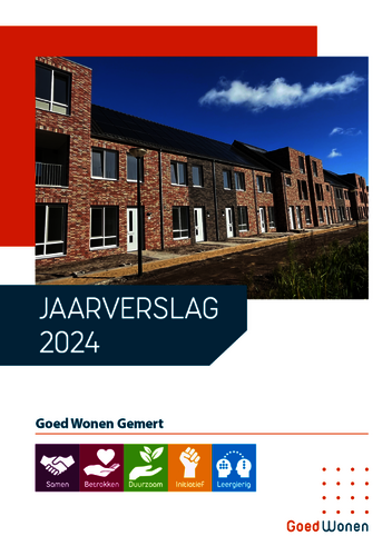 Afbeelding van de voorkant van het jaarverslag met daarop een foto van een rij huizen en illustraties van onze kernwaarden