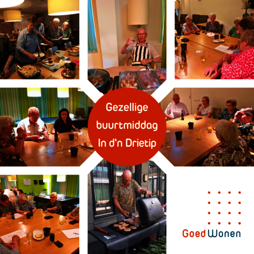 Collage met foto's van huurders tijdens de buurtmiddag bij het buffet, aan tafel de quiz spelend.