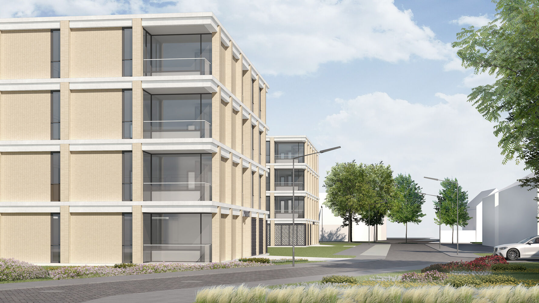 Tekening straatbeeld schuin van de zijkant van de 2 appartementencomplexen