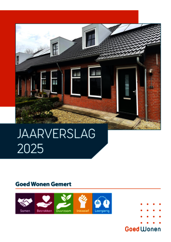 Afbeeldilng van de voorkant van het Jaarverslag 2025 met de logo's van onze kernwaarden en een foto van een rijtje gerenoveerde woningen