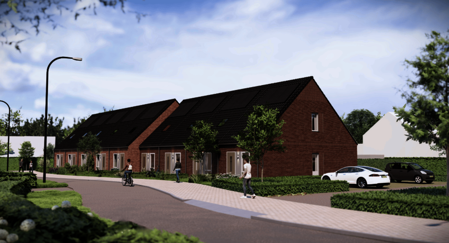 Illustratie van hoe de rij woningen Ter Tuynen eruit komt te zien. Rijtje woningen op ooghoogte gezien in de straat met ernaast een parkeerplaats.