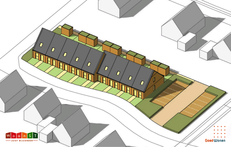 Eenvoudige 3D Illustratie van een schuin bovenaanzicht van de rij woningen