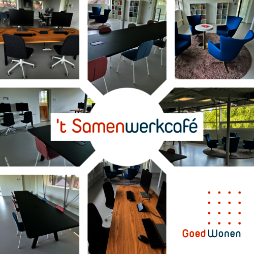 Collage met fotootjes van de werkplekken in 't Samenwerkcafé
