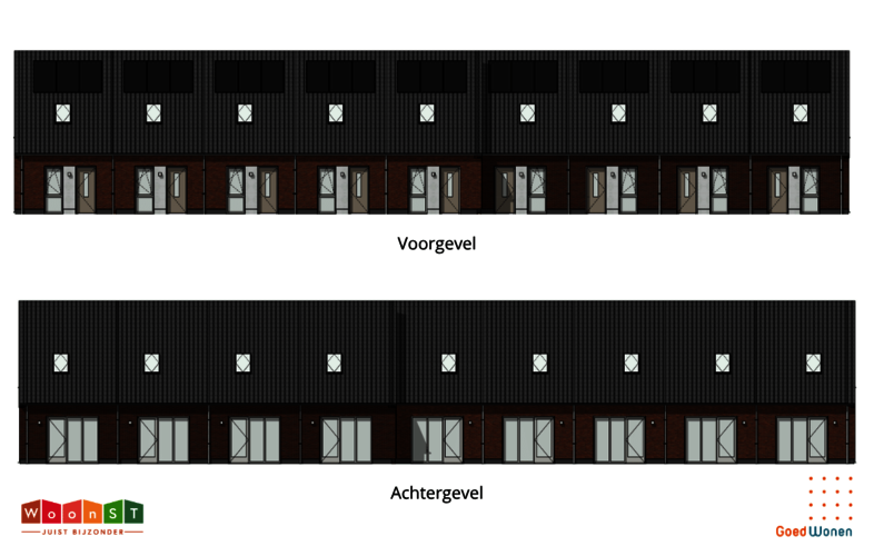 Tekening in kleur van de voorgevel en achtergevel van de hele rij woningen