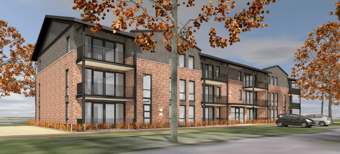 Artist Impression tekening van hoe de appartementen eruit zullen gaan zien aan de buitenkant.