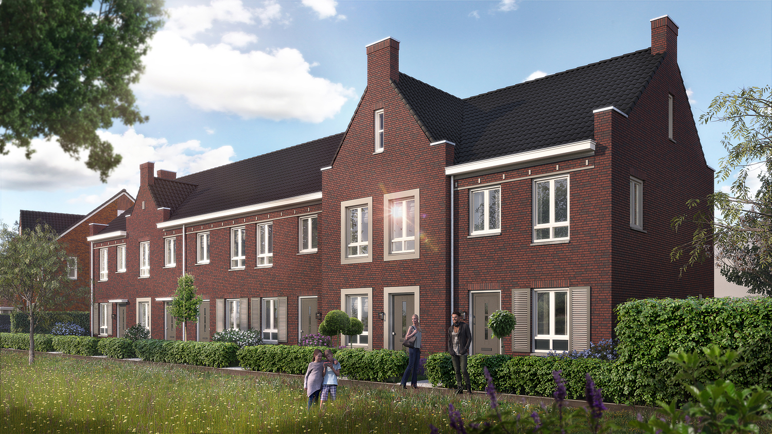 Gekleurde artist impression tekening van de 6 woningen aan de Barbara van Berlostraat.