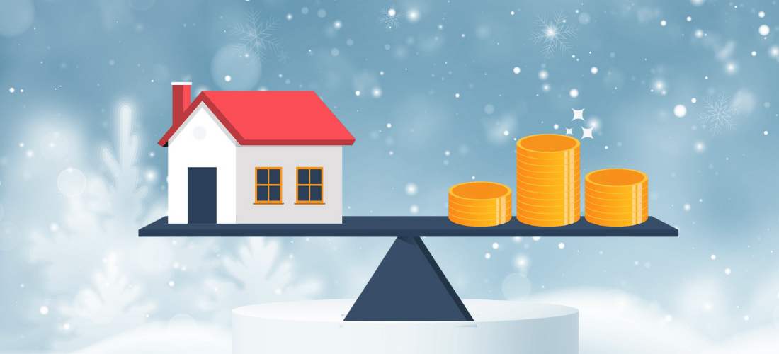 Decoratieve illustratie van een weegschaal in de sneeuw met aan de ene kant een huis en aan de andere kant drie stapels muntgeld