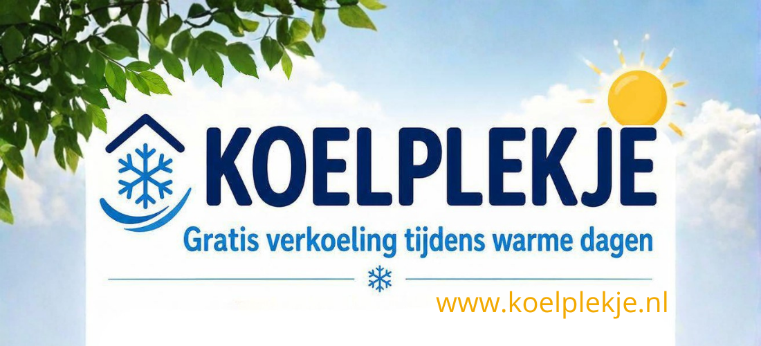 Illustratie in blauw met groene bladeren linksboven en een zon rechtsboven en de tekst Koelplekje