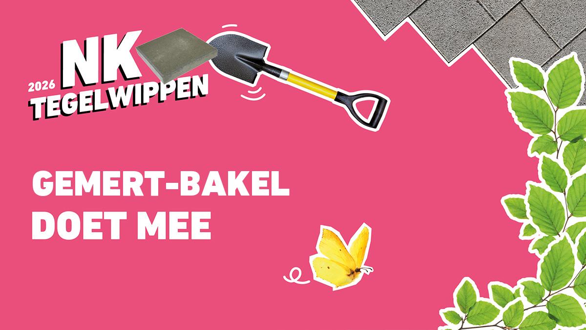 Illustratie NK Tegelwippen Gemert-Bakel in thema kleur roze met gele vlinder en tegels en groen