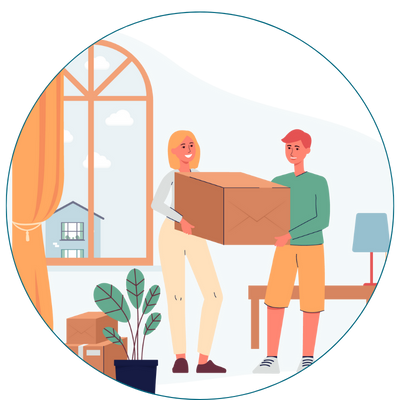 illustratie van een man en een vrouw in huis met een verhuisdoos in de handen