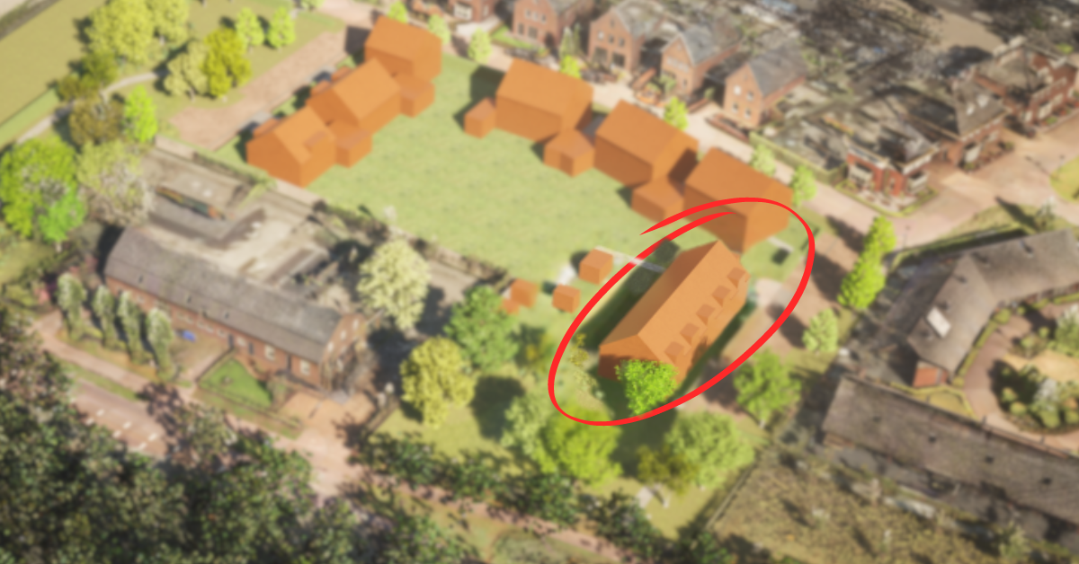 Birdview foto van de locatie met ingetekend waar de huizen gaan komen