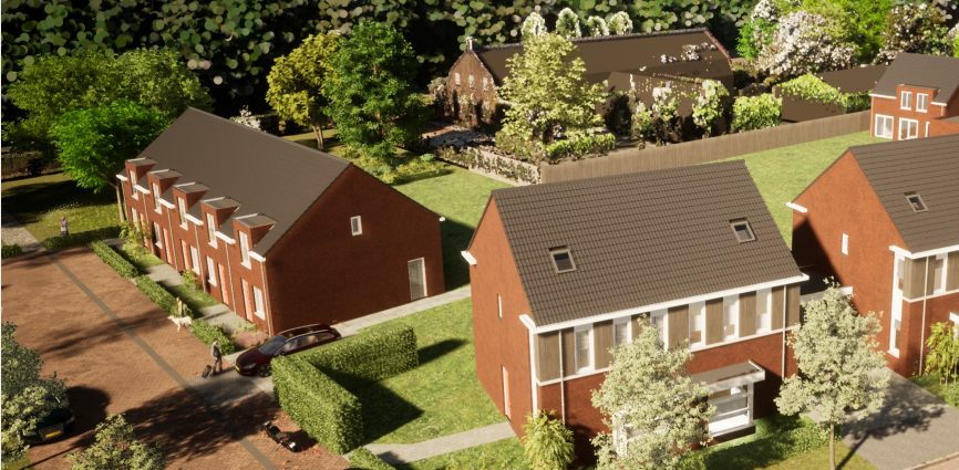 Artist impression tekening van een deel van het project met daarop ook het rijtje van de 5 sociale huurwoningen.