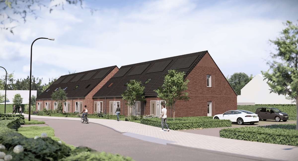 Illustratie van hoe de rij woningen Ter Tuynen eruit komt te zien. Rijtje woningen op ooghoogte gezien in de straat met ernaast een parkeerplaats.