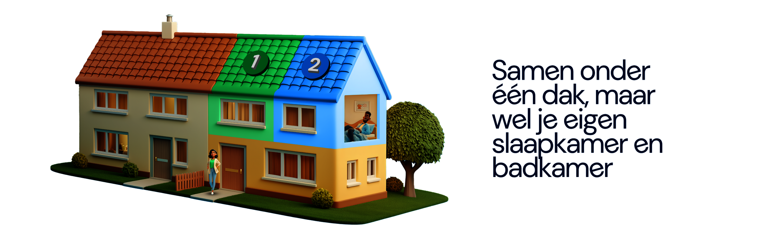 Illustratie van een woning die is opgedeeld in twee delen. Met daarnaast de tekst: Samen onder één dak, maar wel je eigen slaapkamer en badkamer