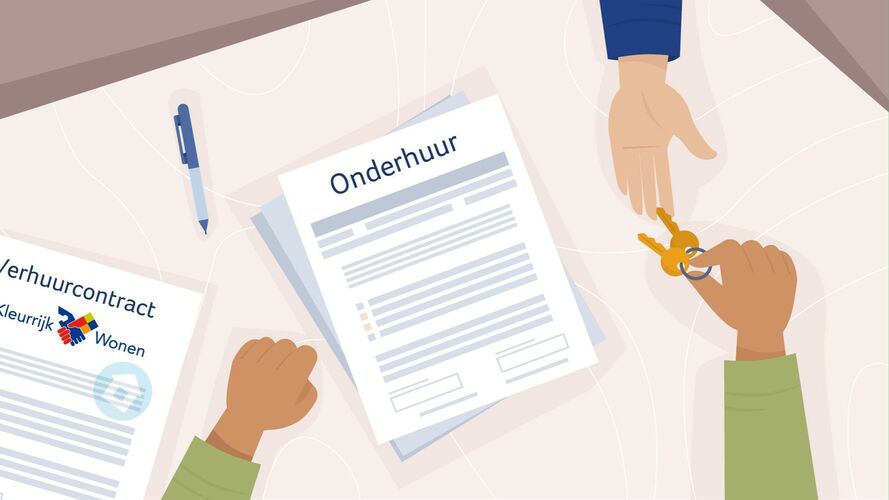 Illustratie van een tafel met papieren en een hand die sleutels aanreikt aan een andere hand. 