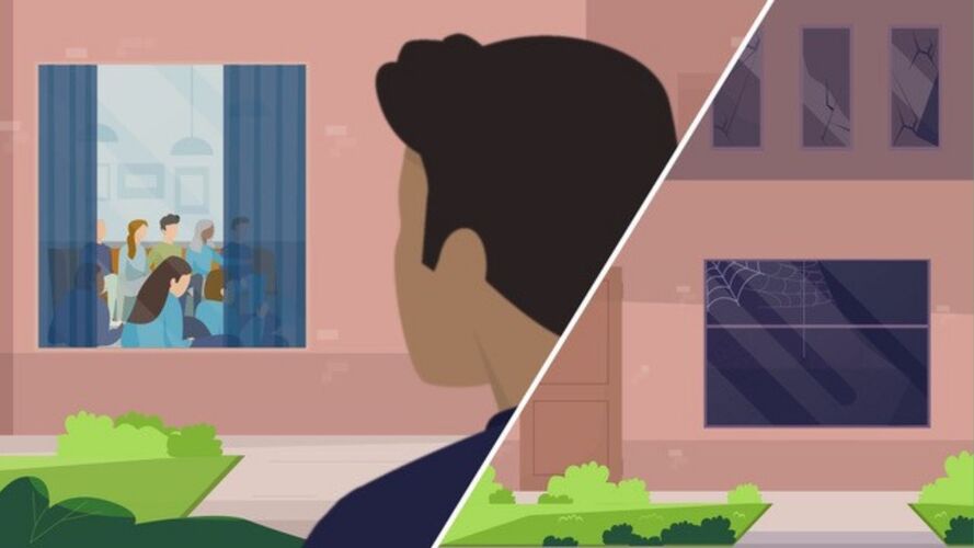 illustatie van een gespleten beeld. Links kijkt een man naar een huis waar door het raam te zien is dat er veel mensen zijn. Rechts zie je een huis met een donker raam waar niemand te zien is. 