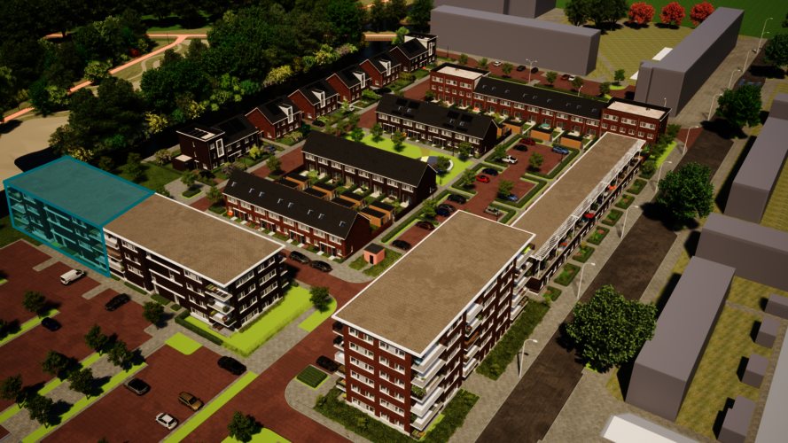 Links gearceerd zijn de woningen nummer 35 tot en met 69