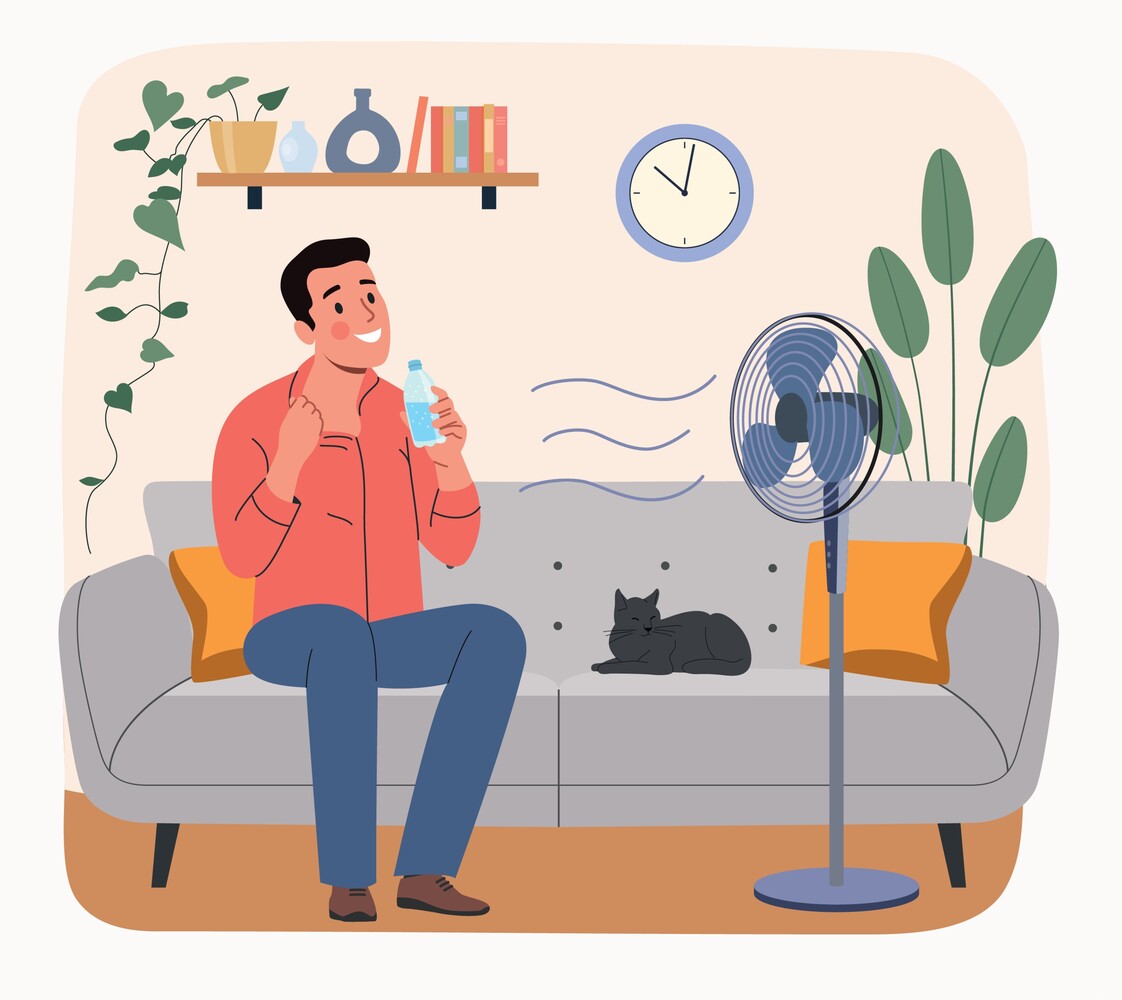illustratie van man op bank die het warm heeft en voor ventilator zit