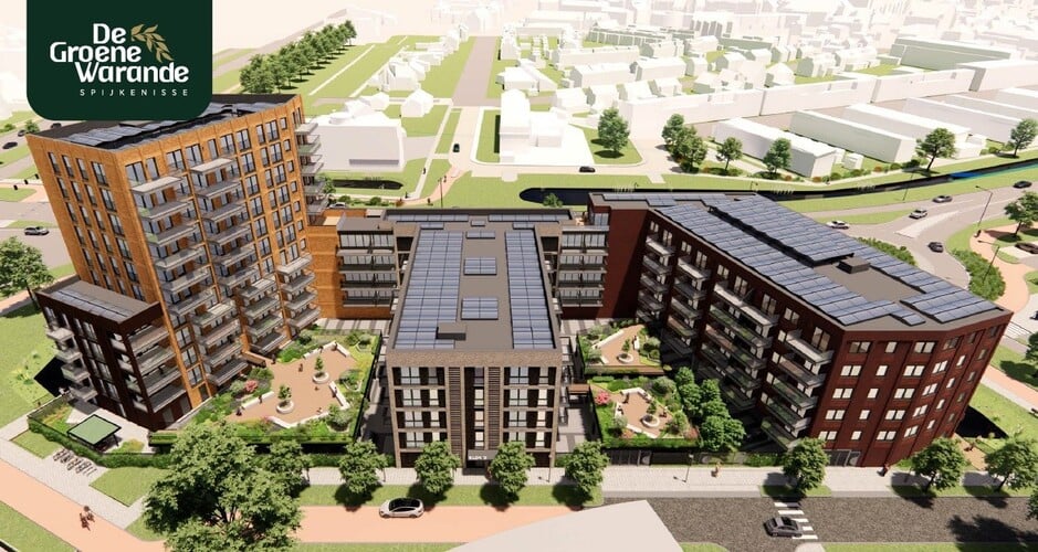 artist impressie overzicht van drie gebouwen rechts gebouw Maasdelta