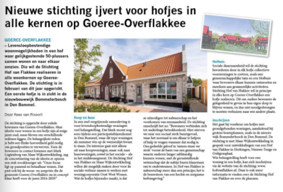 Op het beeld is het krantenartikel te zien met als titel: "Nieuwe stichting ijvert voor hofjes in alle kernen op Goeree-Overflakkee"