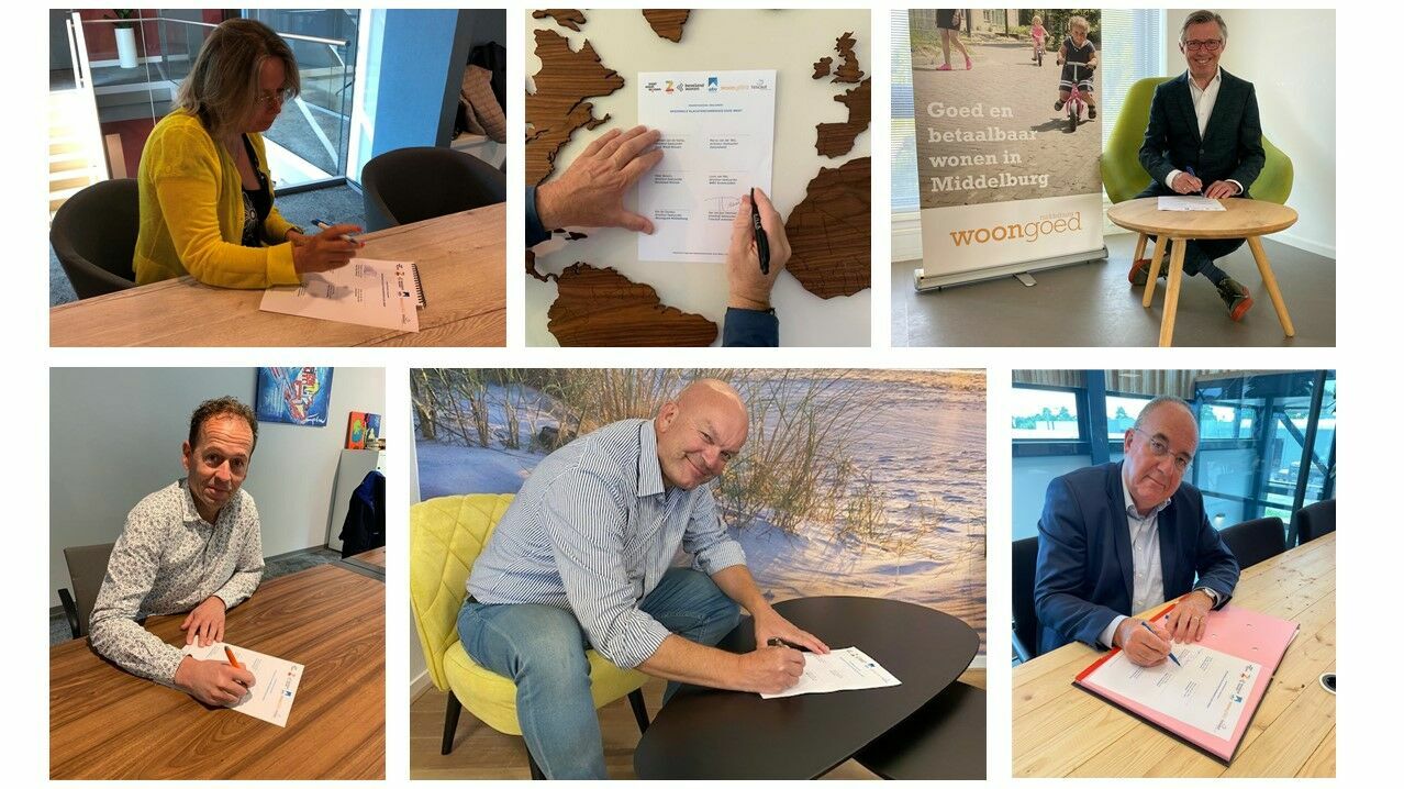 Op het beeld is een collage te zien van de bestuurders van Oost West Wonen, Zeeuwland, Beveland Wonen, Woningbouwvereniging Arnemuiden, Woongoed Middelburg en l’escaut woonservice te zien terwijl zij de samenwerkingsovereenkomst ondertekenen.