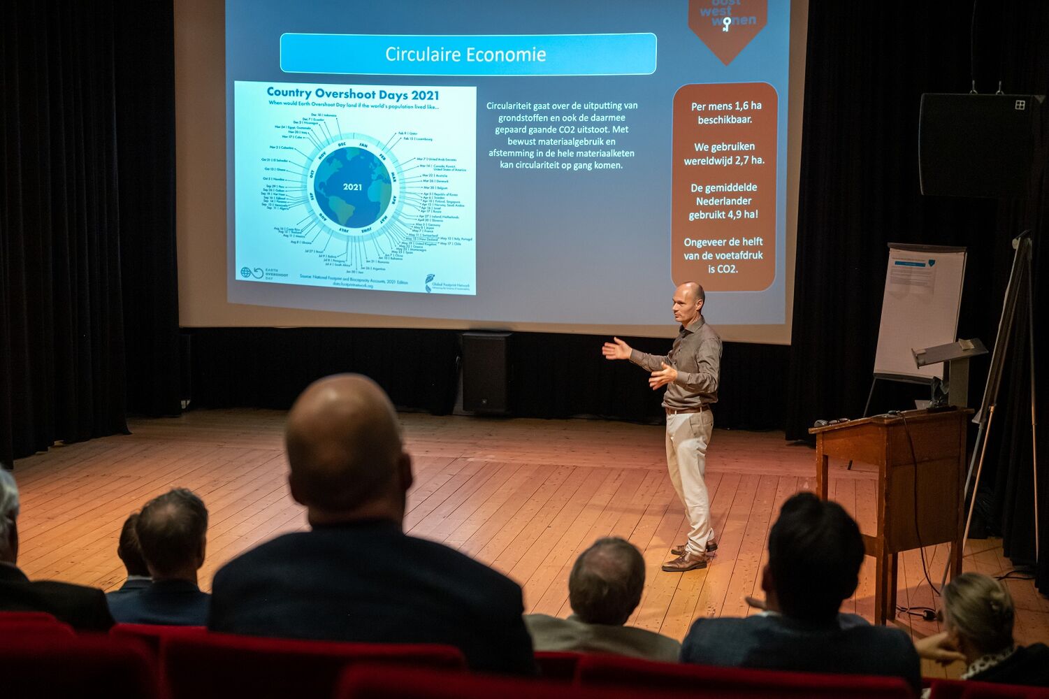 Op het beeld is een collega van Oost West Wonen te zien die een presentatie geeft over circulaire economie.