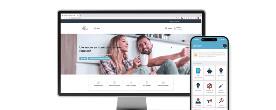 Een beeld van de website en app van het huurdersportaal van Oost West Wonen.
