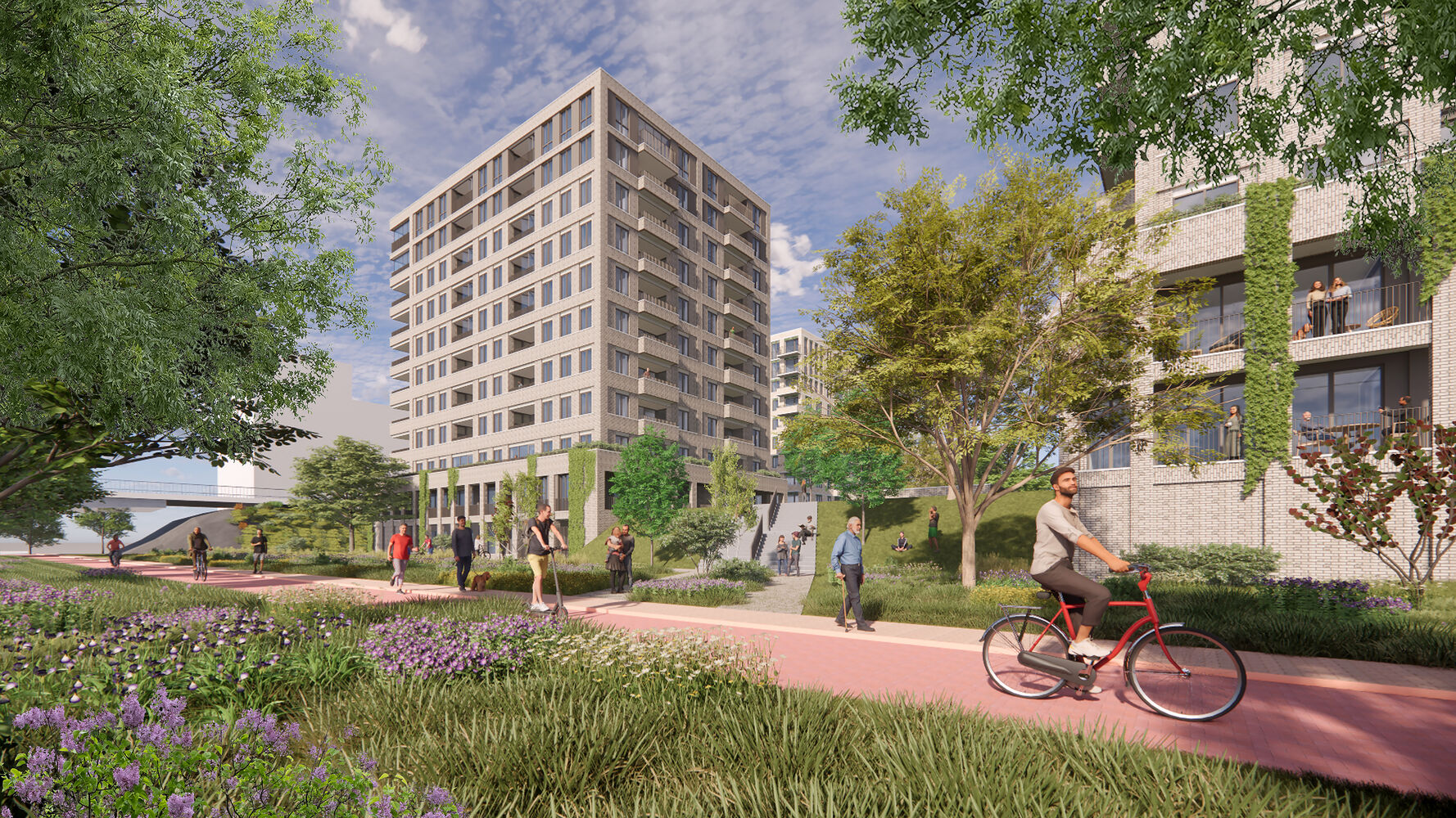 Nieuwbouwcomplex aan de Esdoornlaan met meerdere verdiepingen, balkons en een levendige groene omgeving waar mensen wandelen en fietsen.