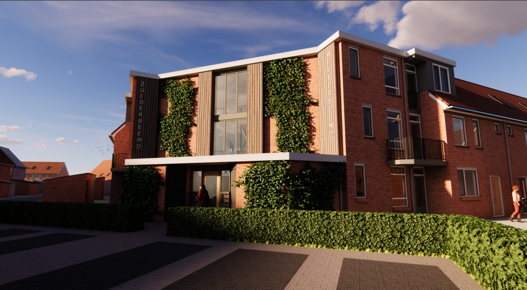 Modern hoekgebouw met rode bakstenen gevel, verticale ramen en groene klimplanten, gelegen aan een bestrate straat.