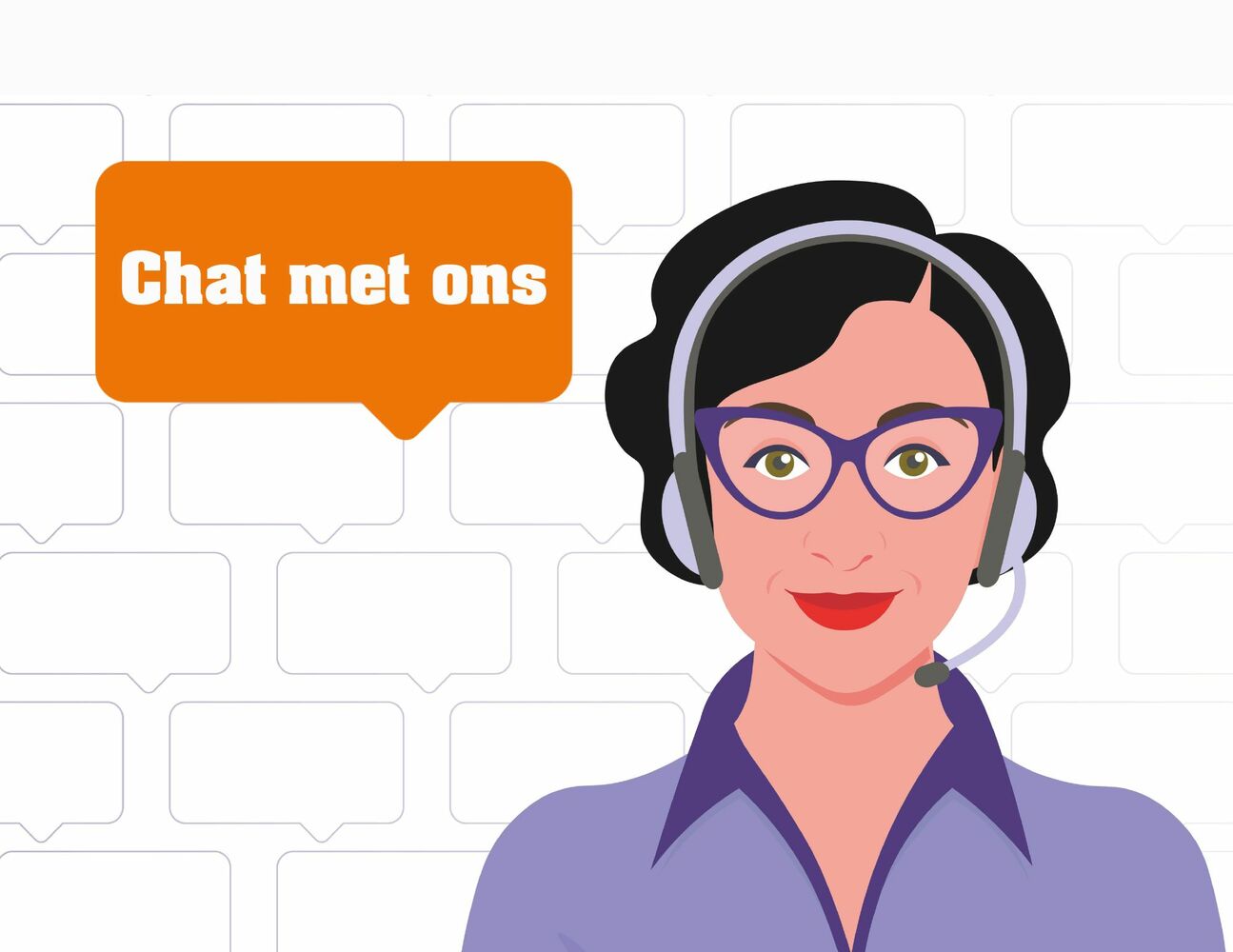 Illustratie van persoon met headset en tekst ‘Chat met ons’