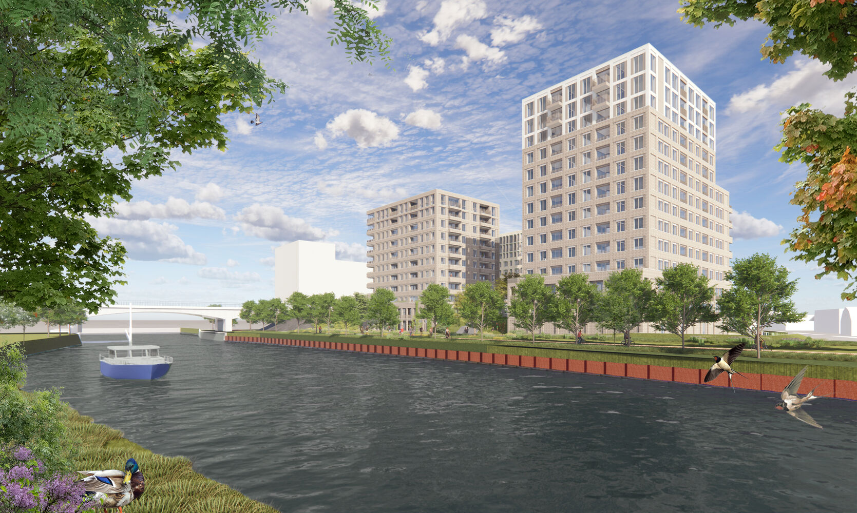 Artistieke impressie van de nieuwbouw aan de Esdoornlaan met moderne appartementencomplexen langs een waterkant, omgeven door groen en mensen die wandelen en fietsen.
