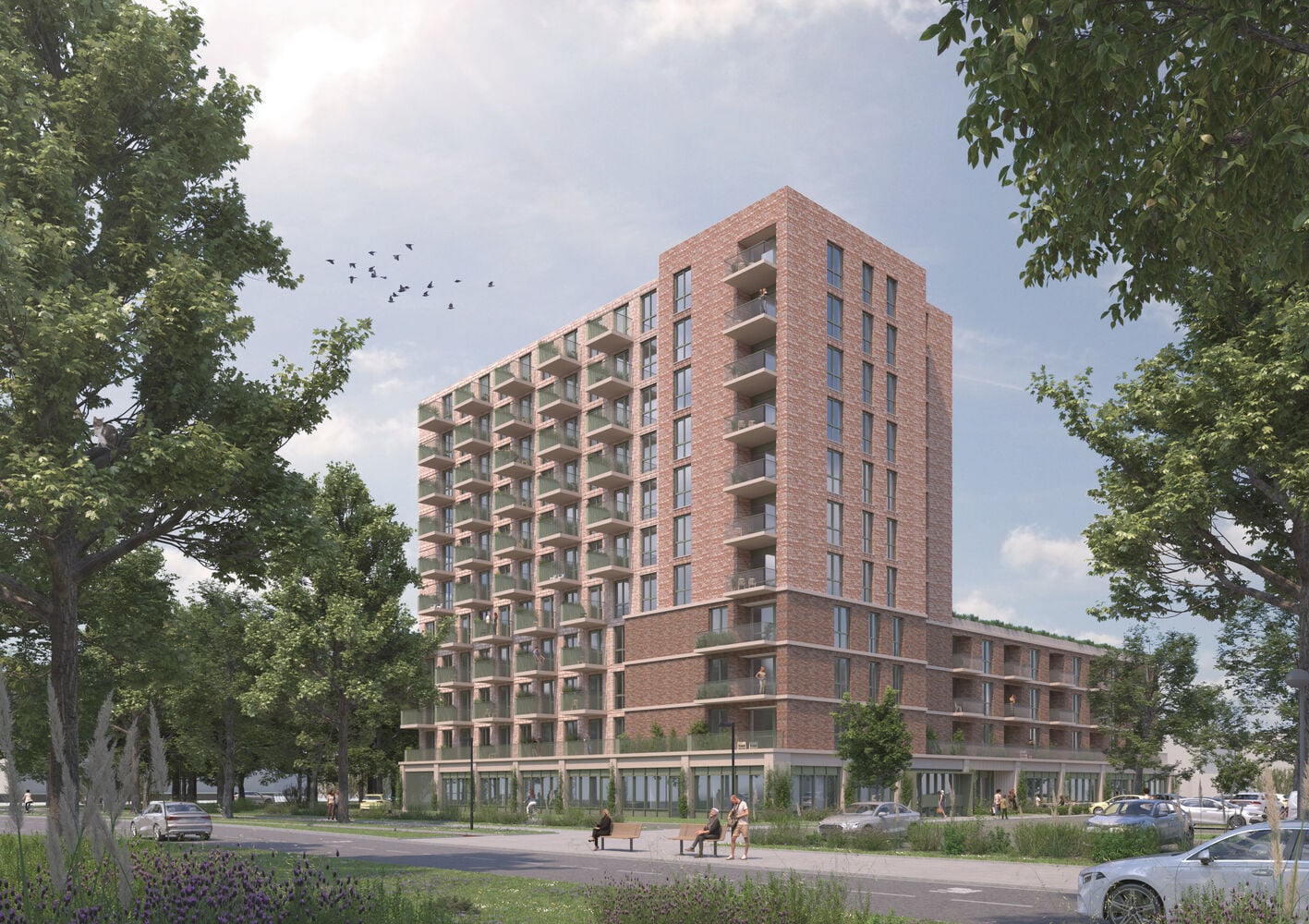 Visualisatie van een modern appartementencomplex met meerdere verdiepingen, grote balkons en een gevel van roodbruine baksteen, omgeven door groen.