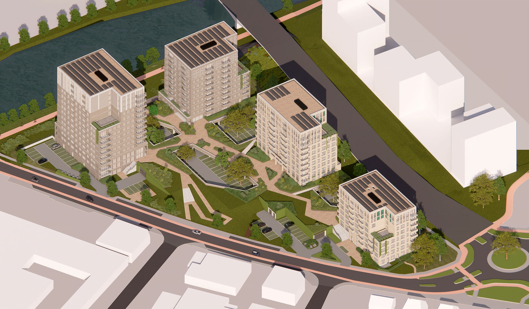 AI-visualisatie van vier moderne appartementengebouwen aan de Esdoornlaan, gelegen rond een groen plein met bomen, wandelpaden en zitplekken, nabij een waterpartij.