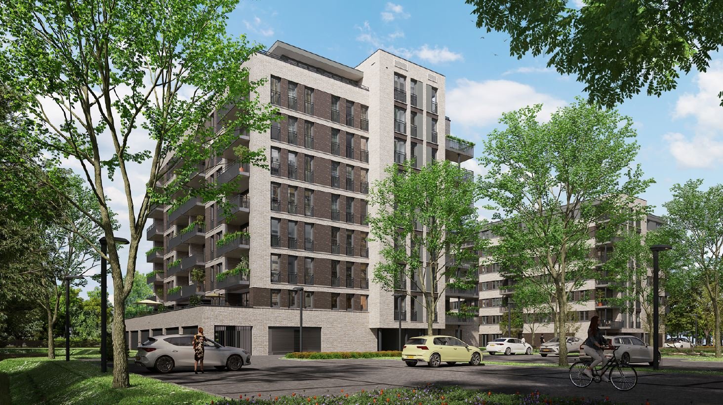 Modern appartementengebouw met balkons en bomen