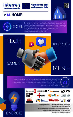 Flyer MAI HOME. [BEGINTEKST] De ontwikkeling van technologie en duurzame gedragsverandering om minder draagkrachtige burgers inzicht te kunnen geven in hun dagelijkse energieverbruik.[EINDE TEKST]