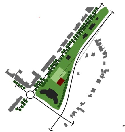 Schets ligging nieuwe woontoren Julianaflat in het groen, aan de Deken van Oppensingel