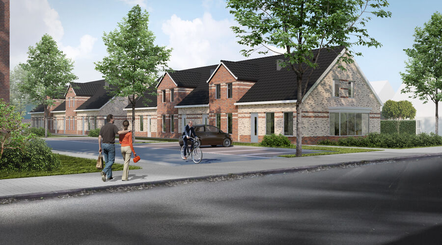 Een impressie van de levensloopbestendige woningen, gebouwd met lichtere en donkere stenen. 