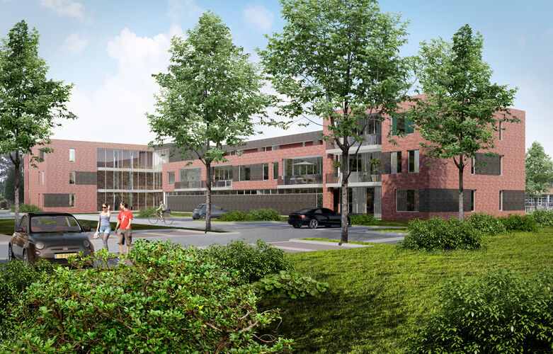 Impressie van de appartementen, gezien vanaf de parkeerplaats. 