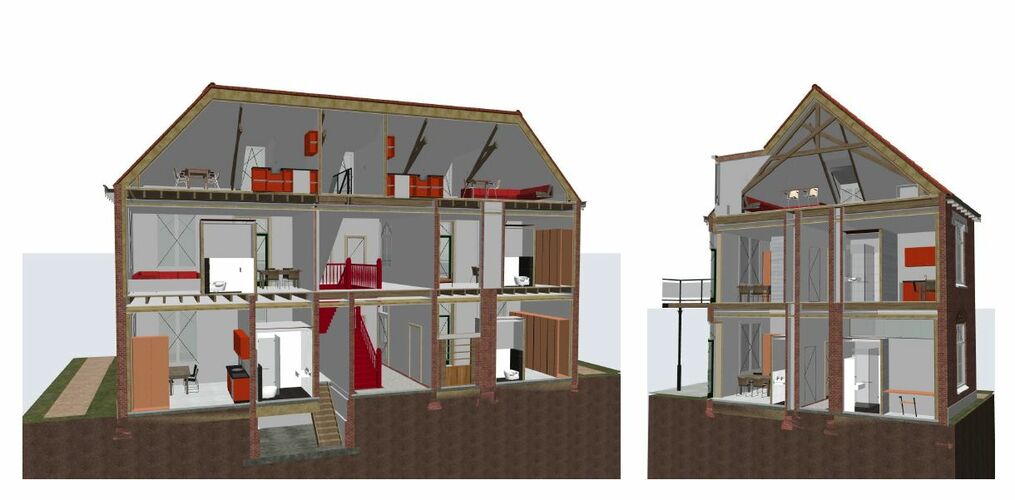 Impressie doorsnede Klooster waarin 4 appartementen en 2 studio's zijn te zien.