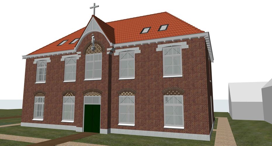 Vooraanzicht impressie klooster, waarbij deur in het midden zit, gevolgd door een raam erboven en aan elke zijde 4 ramen