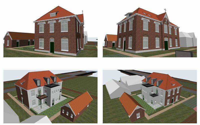 Verzameling impressies klooster, vanuit verschillende kanten bekeken. 