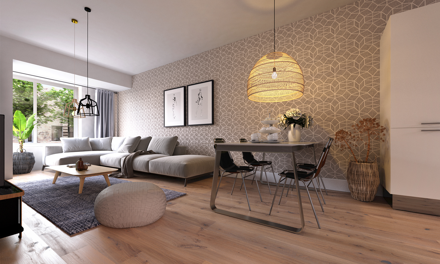 Sfeerimpressie interieur woonkamer met een abstract behang op de muur, een grijze hoekbank voor de televisie, met een grijs kleed onder de salontafel